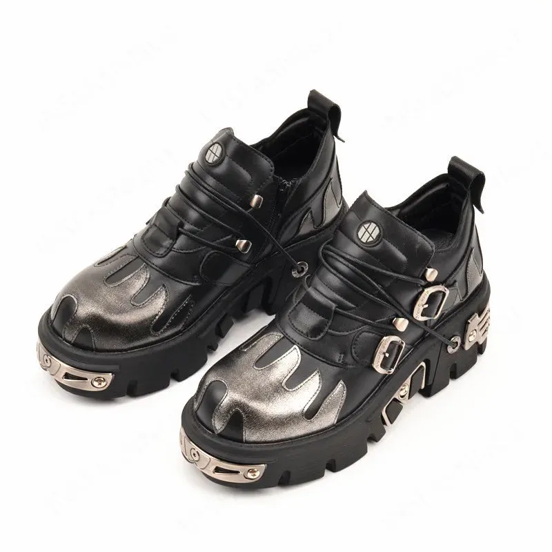 Gothic Black Women's Punk Metal Skull Print Metal Buckles Shoes