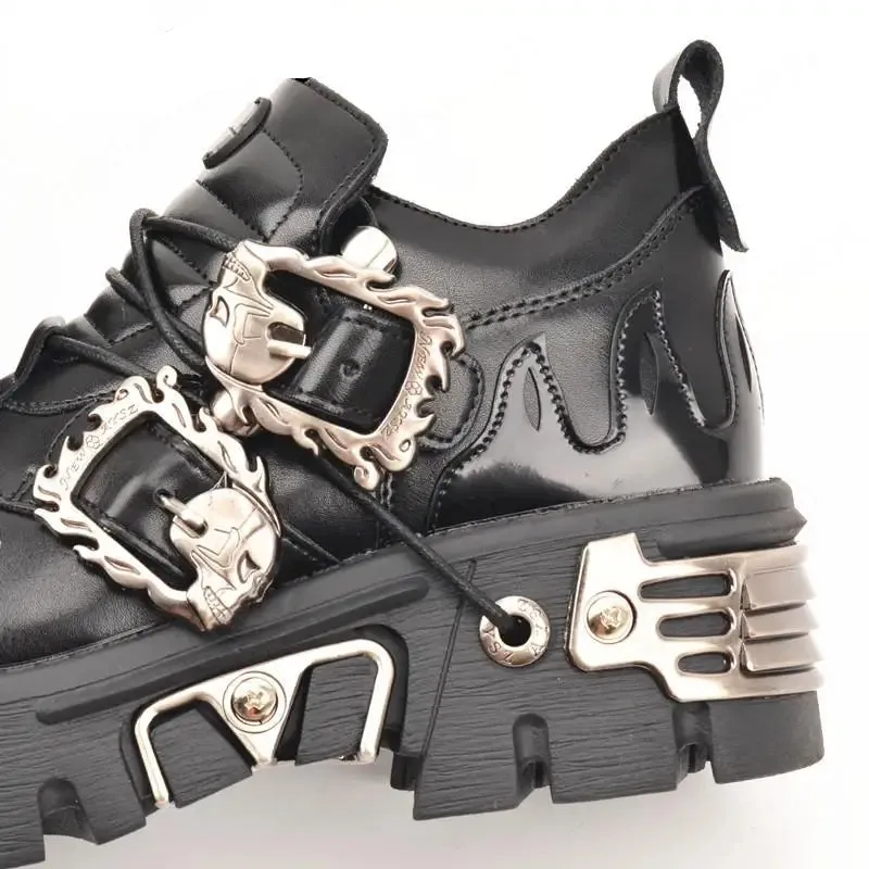 Gothic Black Women's Punk Metal Skull Print Metal Buckles Shoes