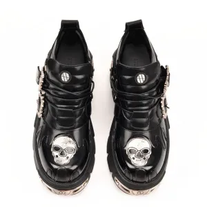 Gothic Black Women's Punk Metal Skull Print Metal Buckles Shoes
