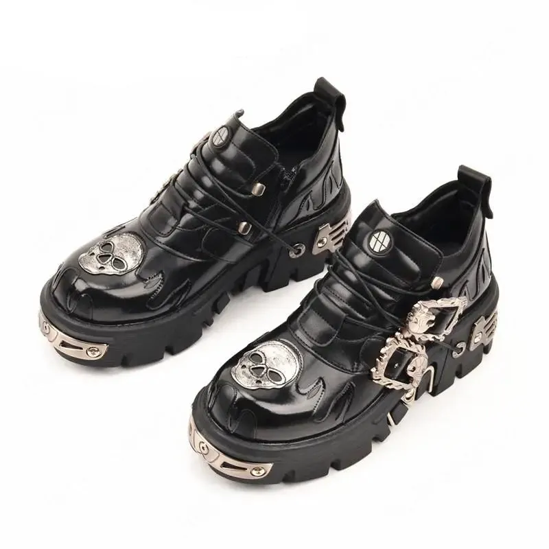 Gothic Black Women's Punk Metal Skull Print Metal Buckles Shoes
