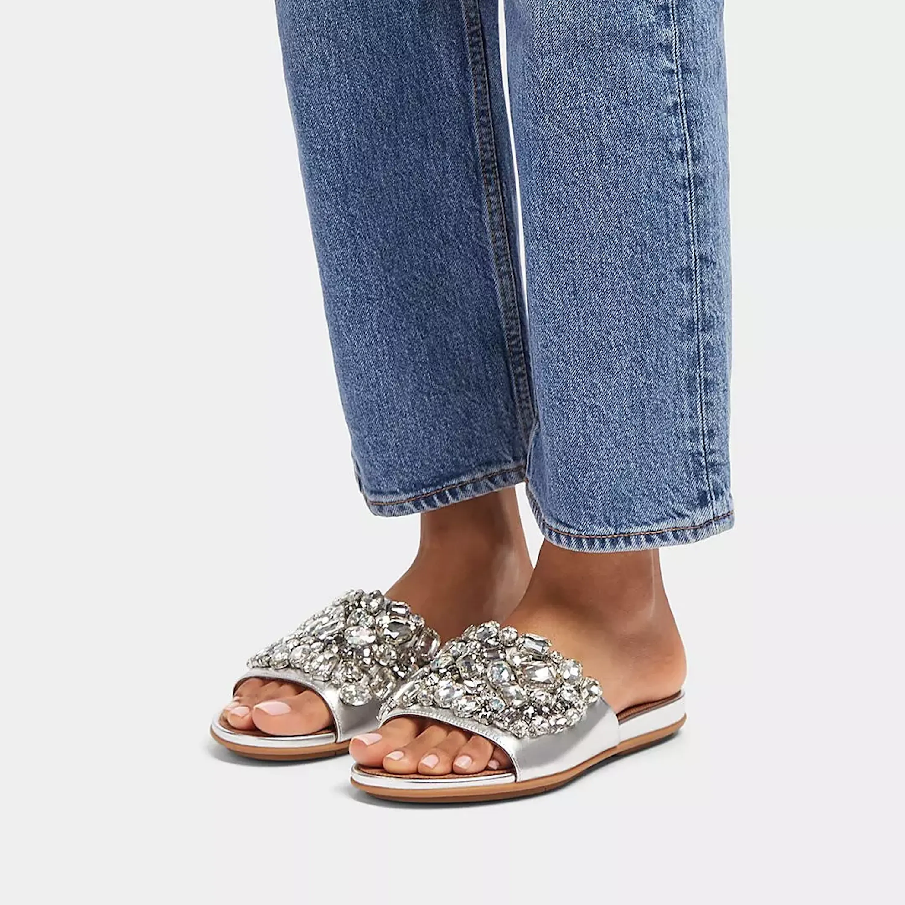 Gracie Jewel-Deluxe Metallic-Leather Slides in Silver