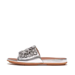 Gracie Jewel-Deluxe Metallic-Leather Slides in Silver