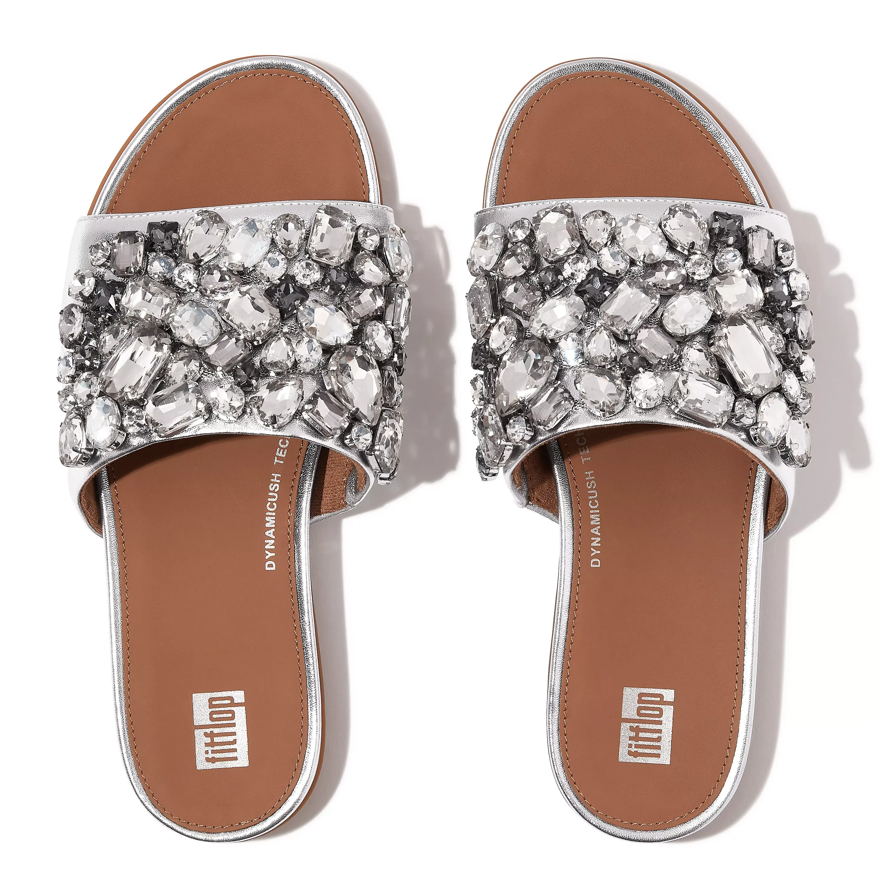 Gracie Jewel-Deluxe Metallic-Leather Slides in Silver