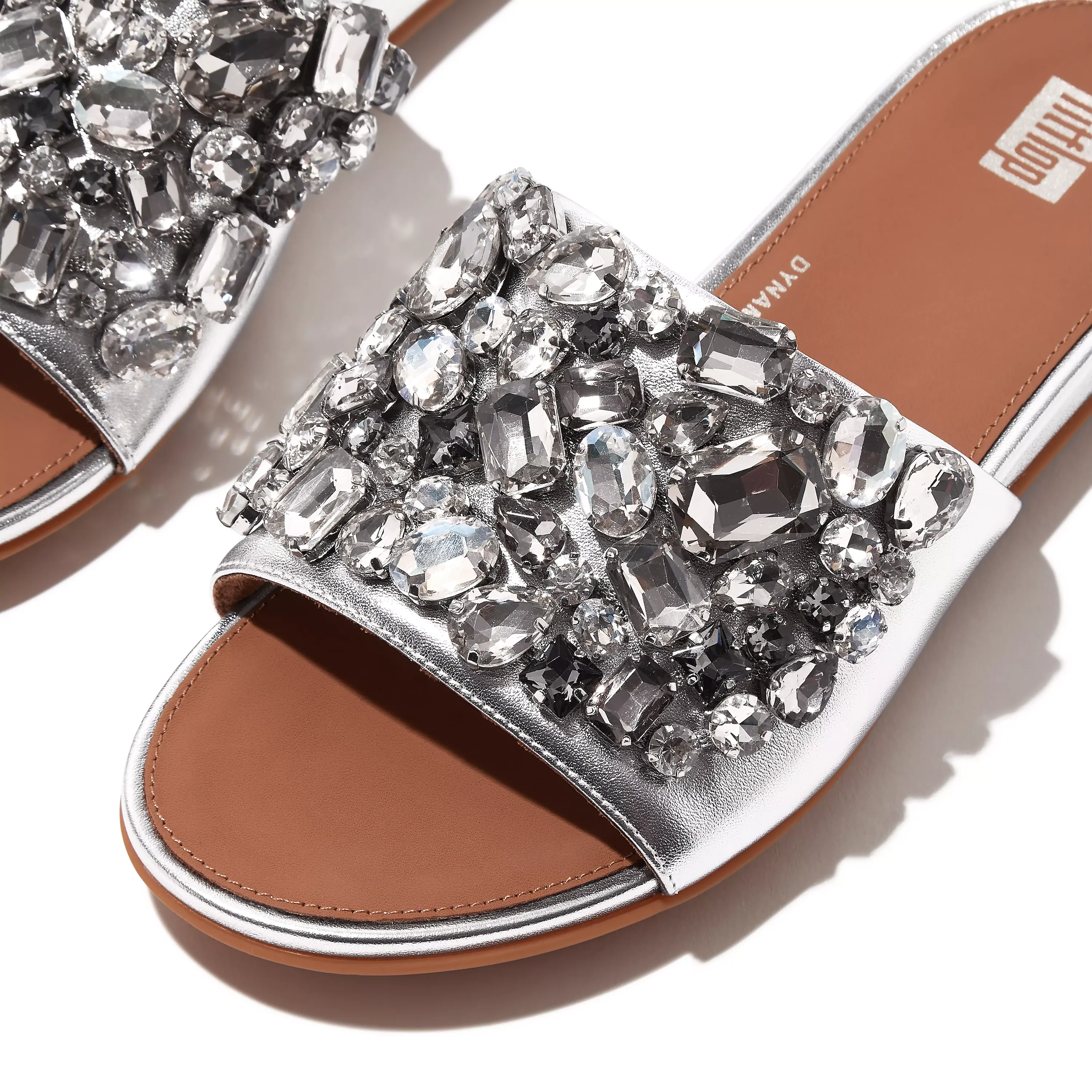 Gracie Jewel-Deluxe Metallic-Leather Slides in Silver