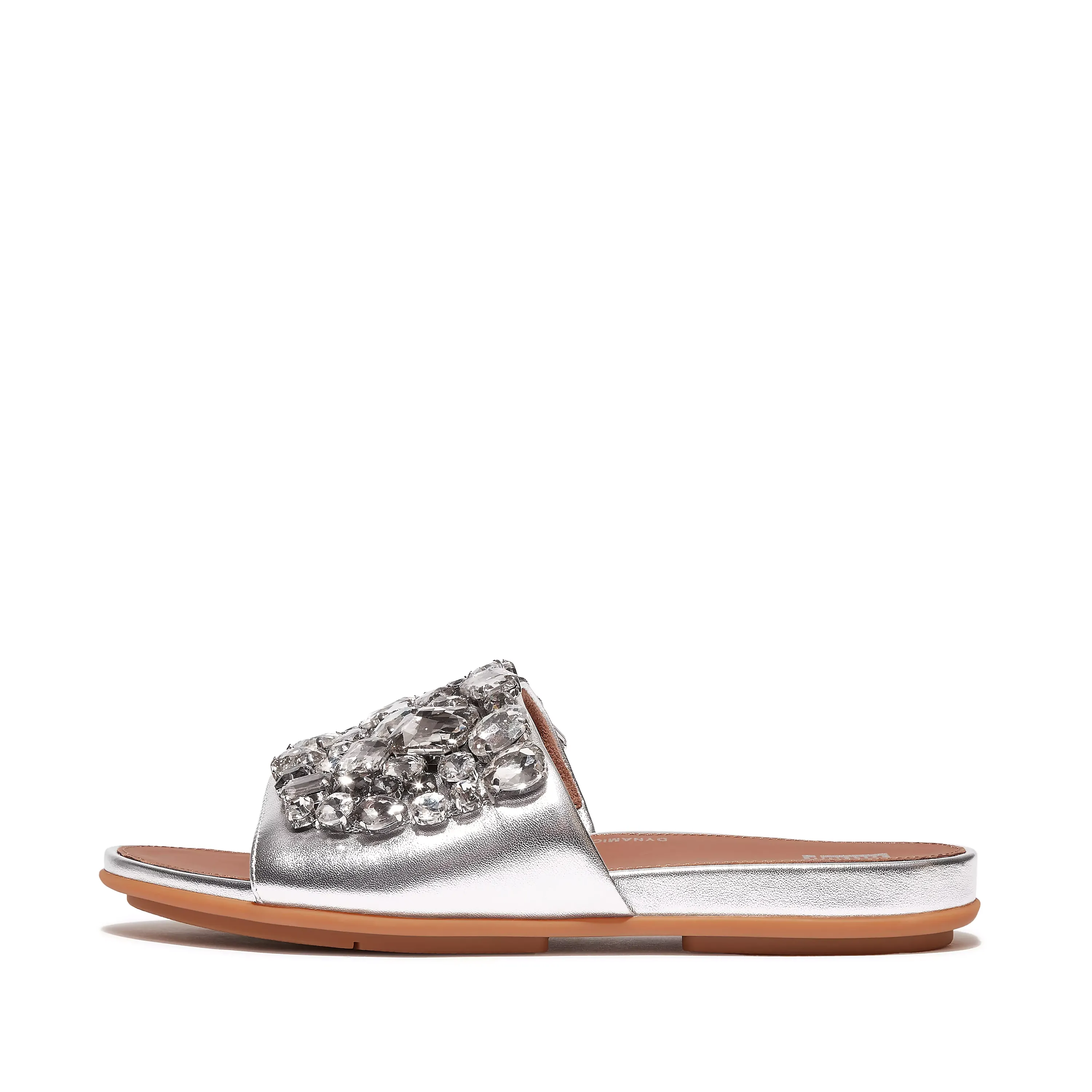 Gracie Jewel-Deluxe Metallic-Leather Slides in Silver