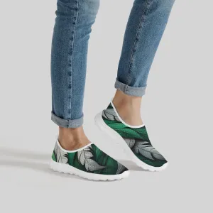 Green White Feathers Women's Slip-On Mesh Running Shoes