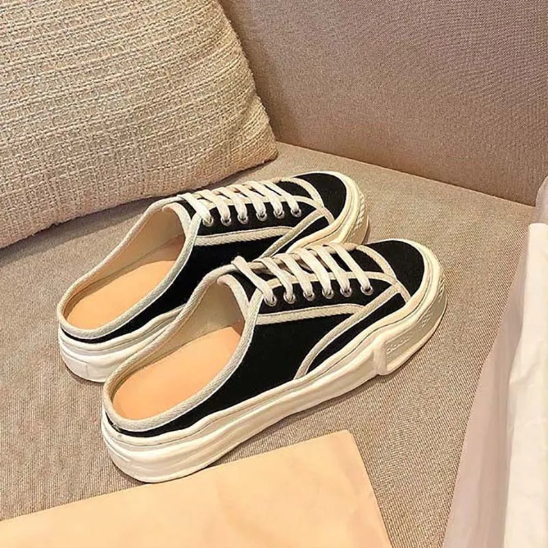 Half Slippers Women's Outer Wear Shoes Summer Casual Lazy One-foot Flat Shoes Canvas Shoes