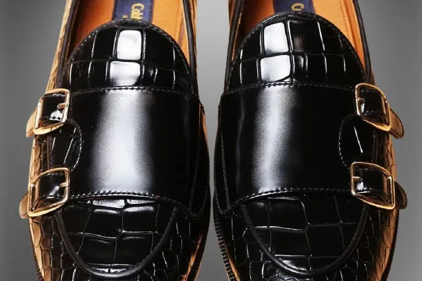 Handmade Black Alligator Texture Double Monk Dress Shoes