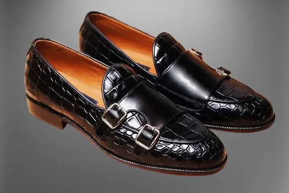 Handmade Black Alligator Texture Double Monk Dress Shoes