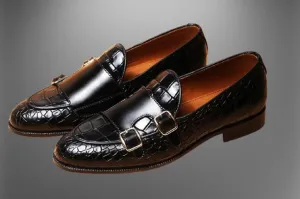 Handmade Black Alligator Texture Double Monk Dress Shoes