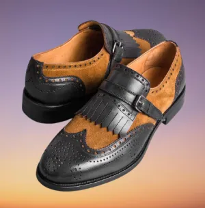 Handmade Black Leather and Brown Suede Monk Strap Dress Shoes