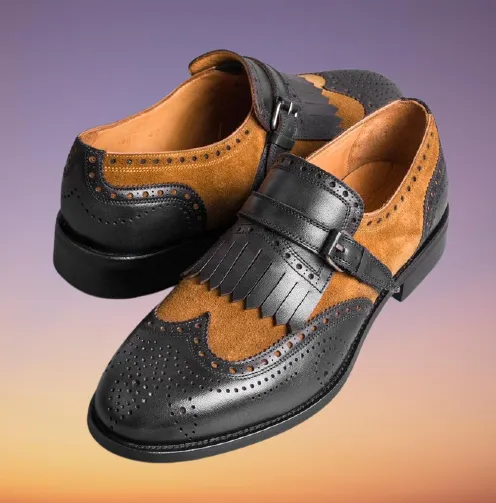 Handmade Black Leather and Brown Suede Monk Strap Dress Shoes