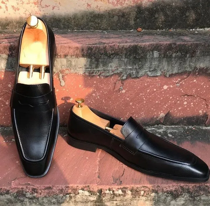 Handmade Black Leather Slip-On Dress Shoes for Men