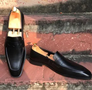 Handmade Black Leather Slip-On Dress Shoes for Men