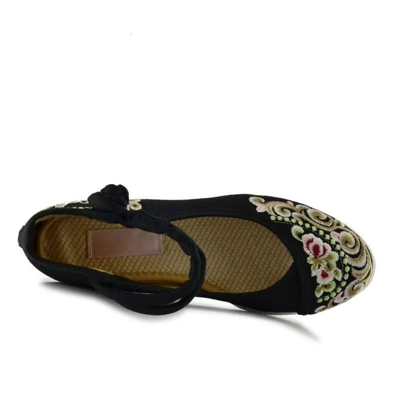 High End Floral Embroidered Women Canvas Flat Platforms Mid Top Ankle Strap shoes
