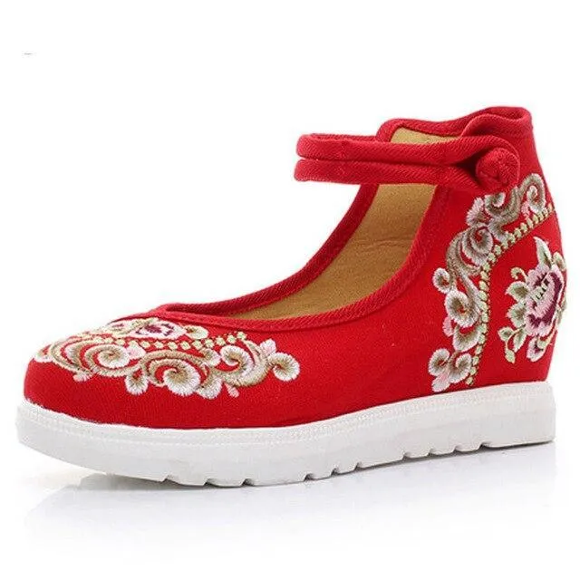 High End Floral Embroidered Women Canvas Flat Platforms Mid Top Ankle Strap shoes