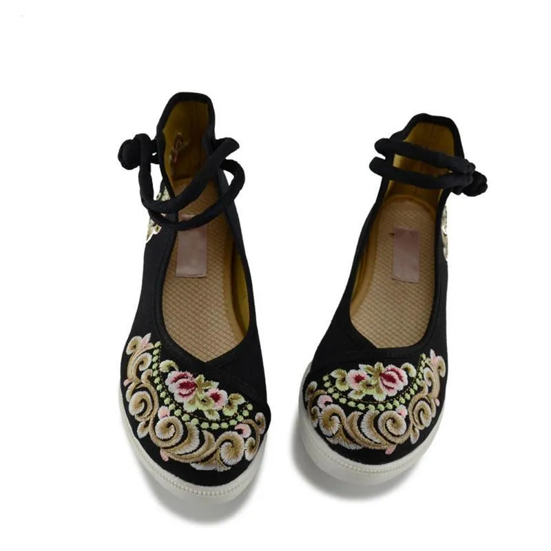 High End Floral Embroidered Women Canvas Flat Platforms Mid Top Ankle Strap shoes