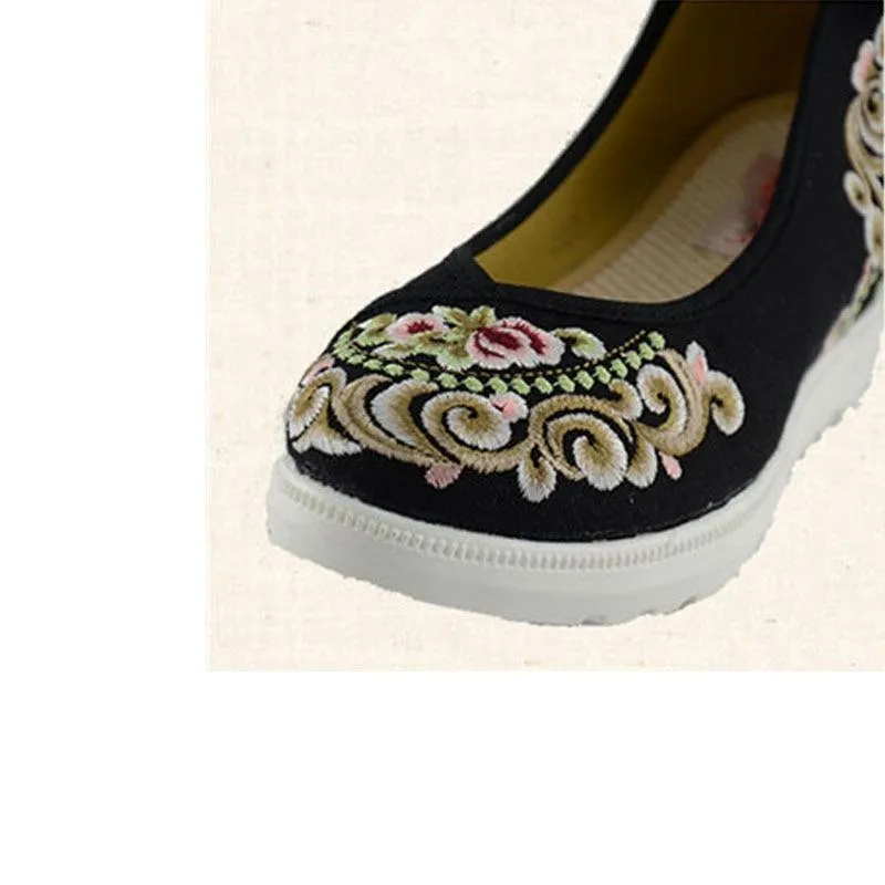 High End Floral Embroidered Women Canvas Flat Platforms Mid Top Ankle Strap shoes