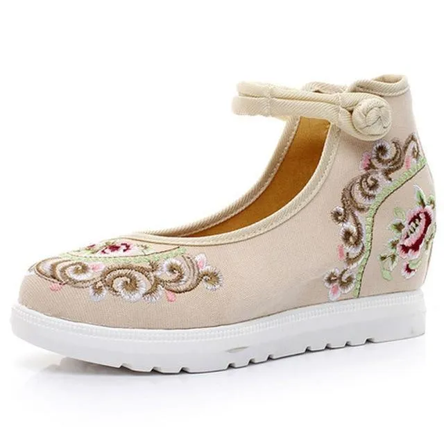 High End Floral Embroidered Women Canvas Flat Platforms Mid Top Ankle Strap shoes