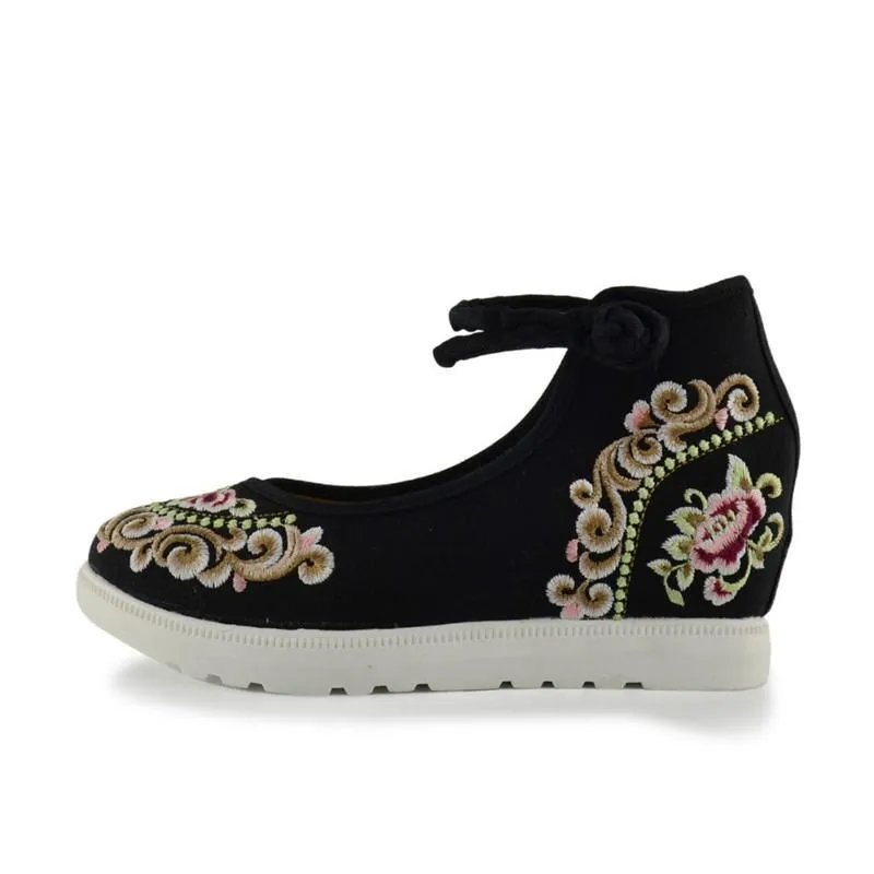 High End Floral Embroidered Women Canvas Flat Platforms Mid Top Ankle Strap shoes