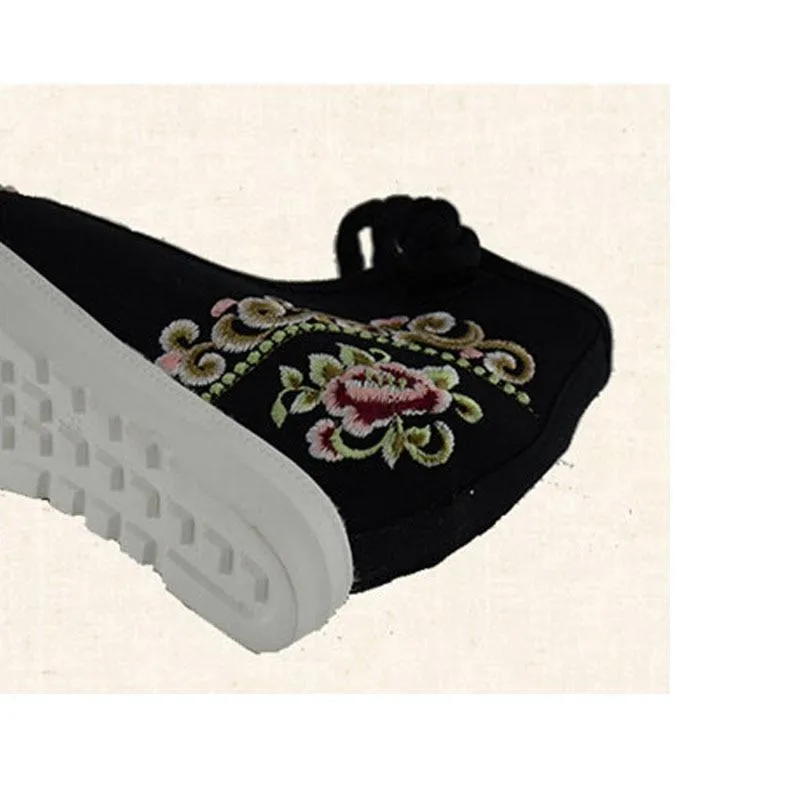 High End Floral Embroidered Women Canvas Flat Platforms Mid Top Ankle Strap shoes