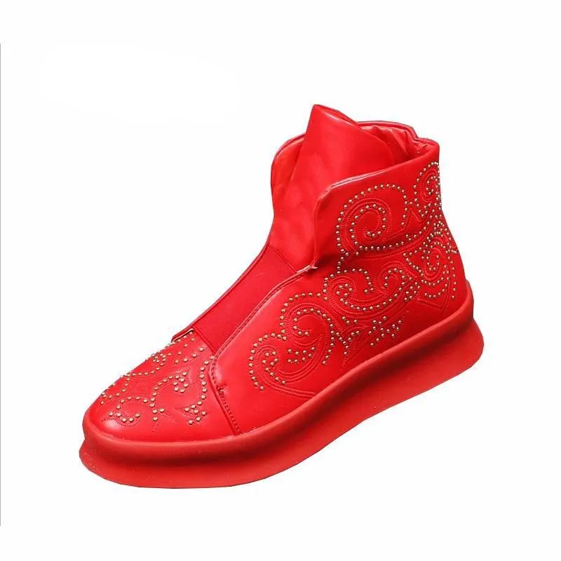 Hip Hop Travel Sneakers Red Thick Bottom Flat Platform Sewing Totem High Top Men Shoes Party Dress Rivet Loafers Botas Hombre