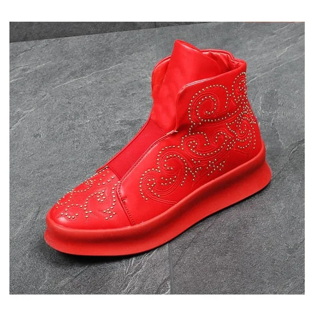 Hip Hop Travel Sneakers Red Thick Bottom Flat Platform Sewing Totem High Top Men Shoes Party Dress Rivet Loafers Botas Hombre