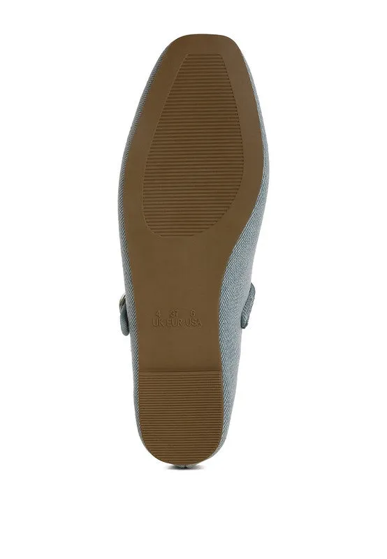 Iker Denim Ballerinas - Pin Buckle, Cushioned Insole, Flat Heel