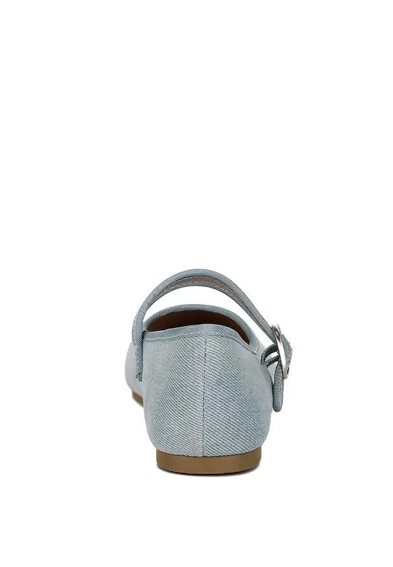 Iker Denim Ballerinas - Pin Buckle, Cushioned Insole, Flat Heel