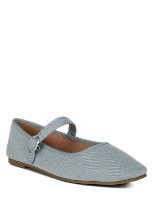 Iker Denim Ballerinas - Pin Buckle, Cushioned Insole, Flat Heel