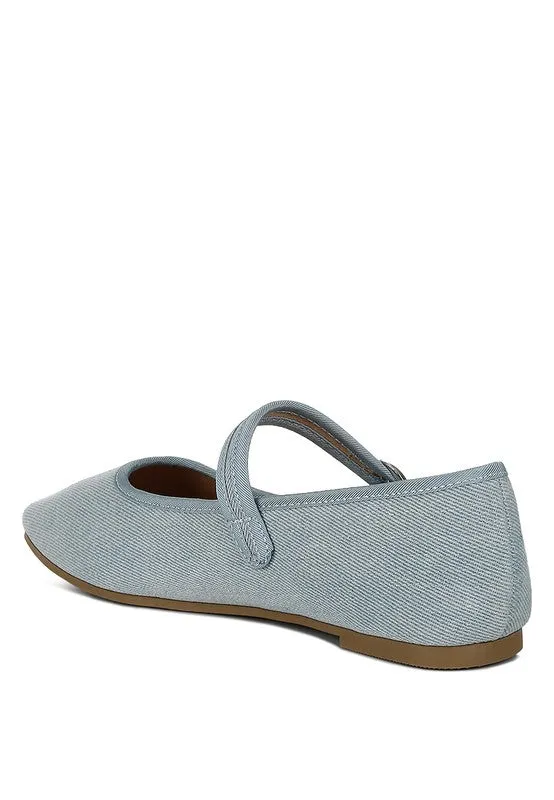 Iker Denim Ballerinas - Pin Buckle, Cushioned Insole, Flat Heel