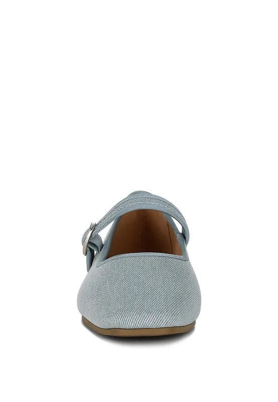 Iker Denim Ballerinas - Pin Buckle, Cushioned Insole, Flat Heel