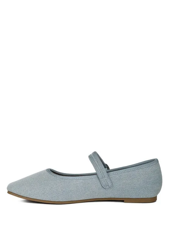 Iker Denim Ballerinas - Pin Buckle, Cushioned Insole, Flat Heel