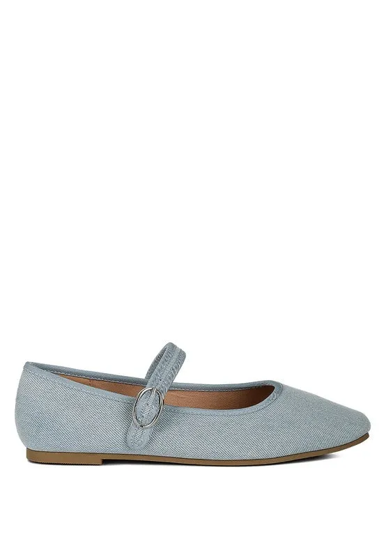 Iker Denim Ballerinas - Pin Buckle, Cushioned Insole, Flat Heel