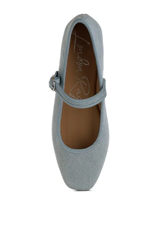 Iker Denim Ballerinas - Pin Buckle, Cushioned Insole, Flat Heel