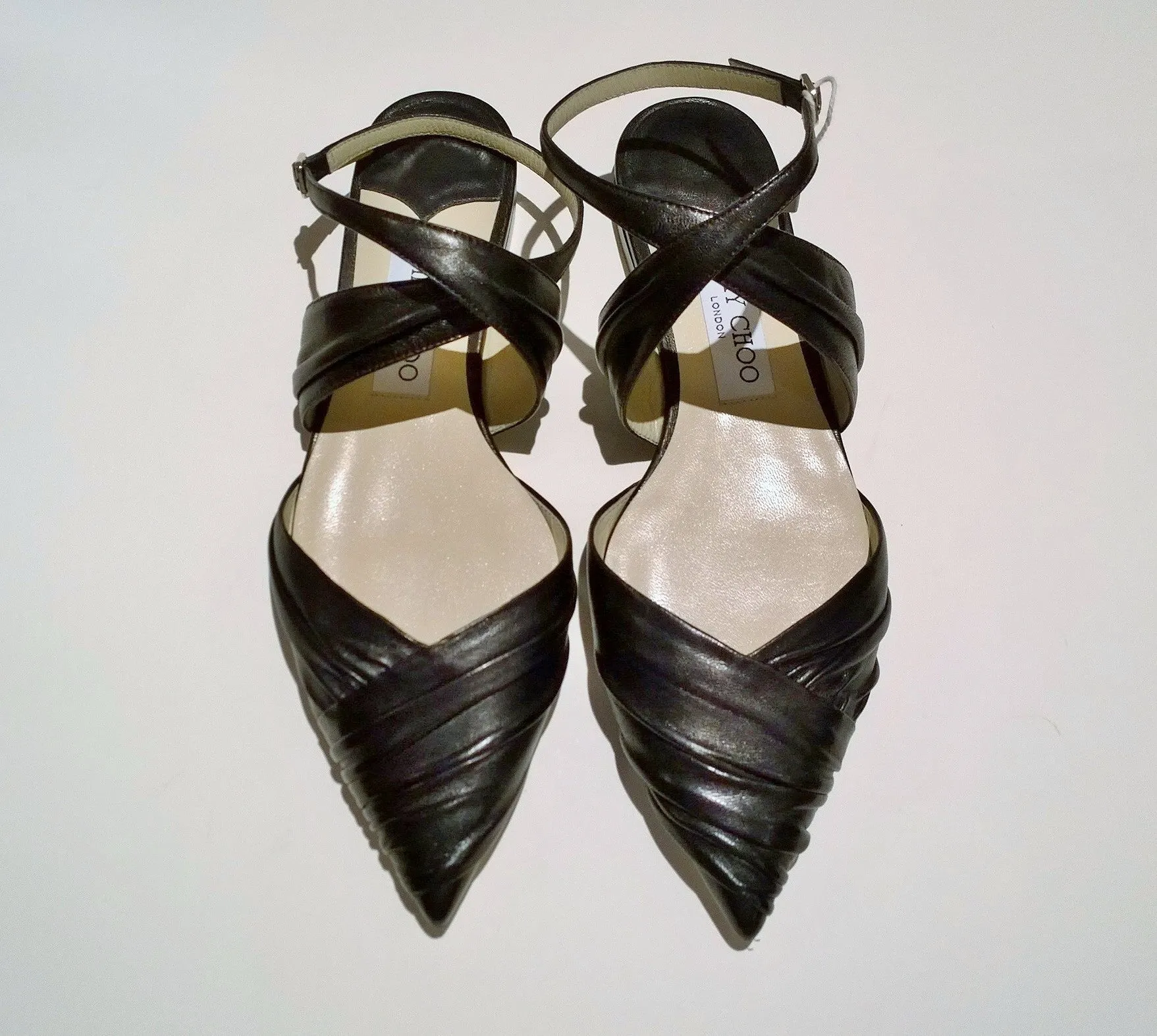 Jimmy Choo Basil Black Leather Pleated Ankle Strap Flats Shoes