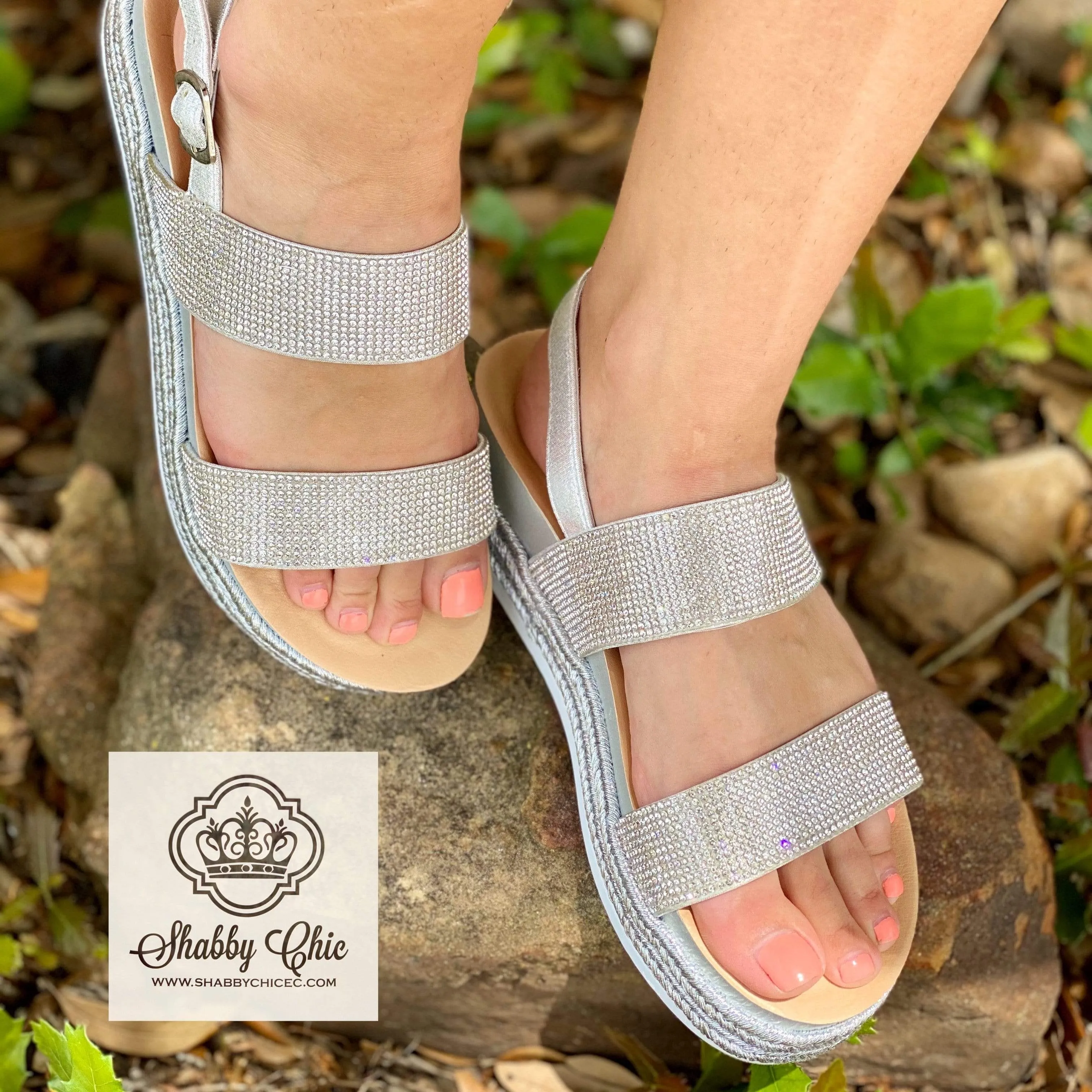 Lakota Double Strap Silver Bling Espadrille Platform Wedge Sandals