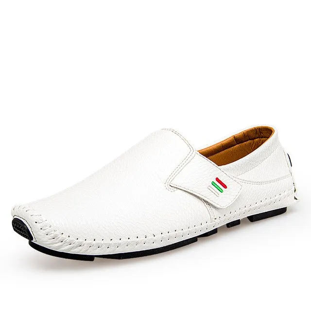 Leather Men Moccasins Soft Casual Loafers handmade Leisure shoes Breathable Slip-On flats Comfortable for drive white