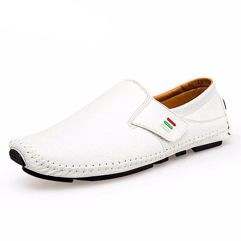 Leather Men Moccasins Soft Casual Loafers handmade Leisure shoes Breathable Slip-On flats Comfortable for drive white