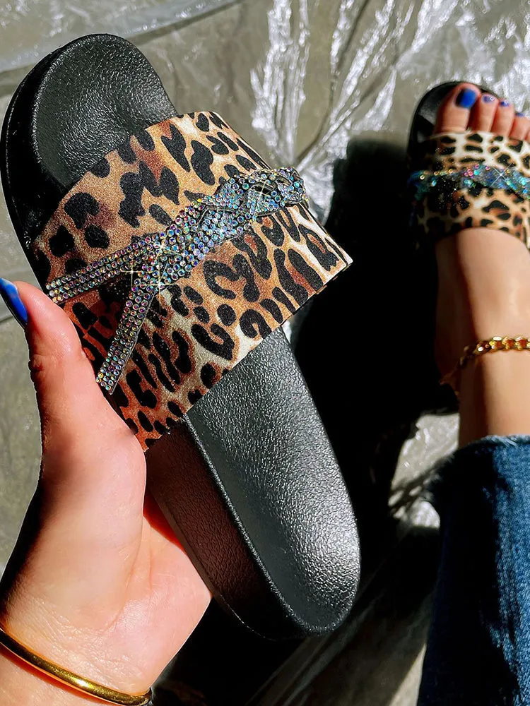 Leopard Rhinestone Flat Slippers