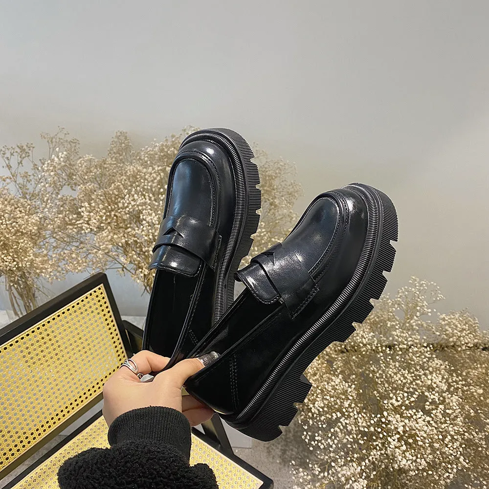 Loafers women's 2022 new spring thick-soled thick-heeled students a pedal retro British style trend black shoes