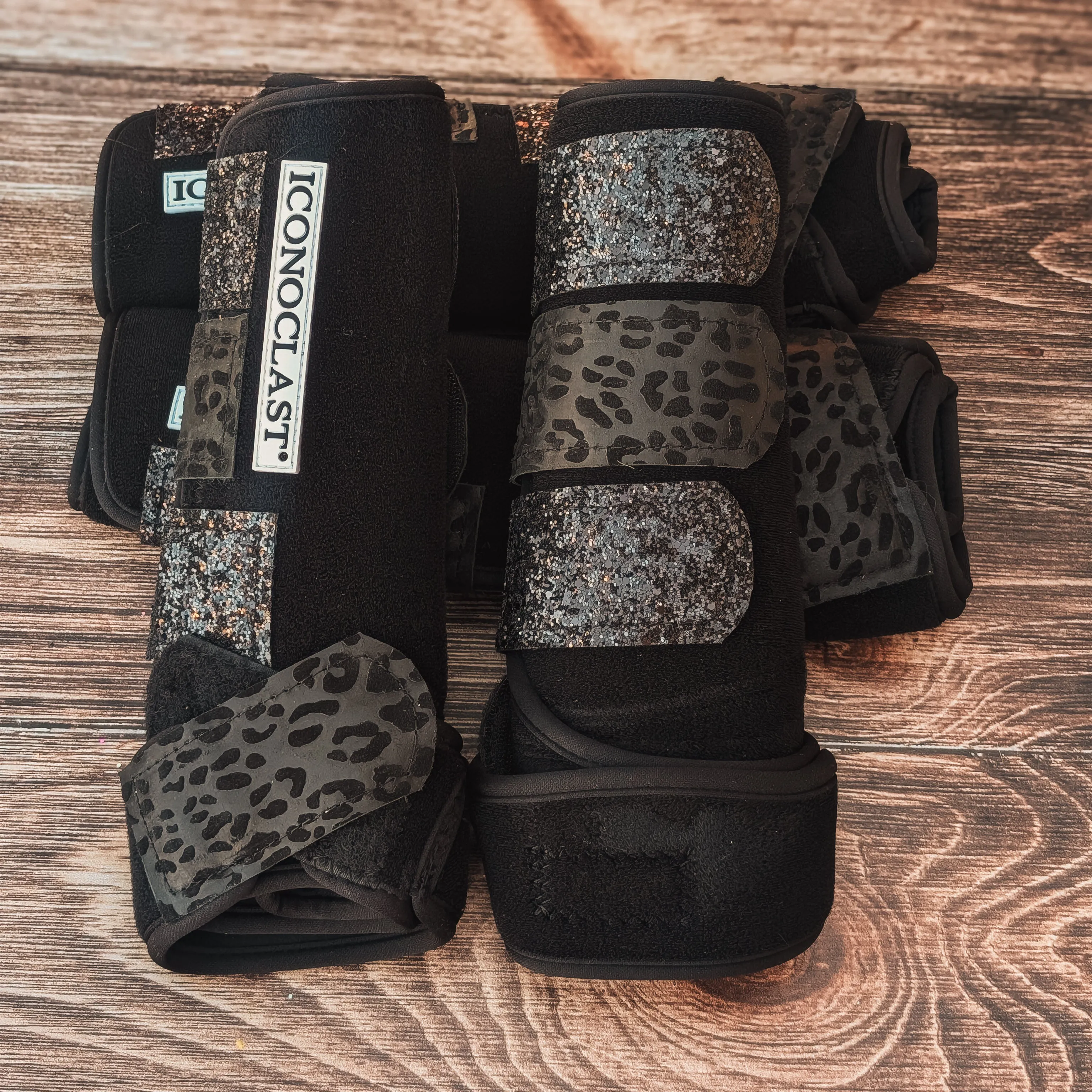 Medium Black Iconoclast Fronts & Hinds w/ Black Cheetah Leather and Black Glitter Straps