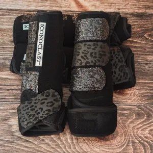 Medium Black Iconoclast Fronts & Hinds w/ Black Cheetah Leather and Black Glitter Straps
