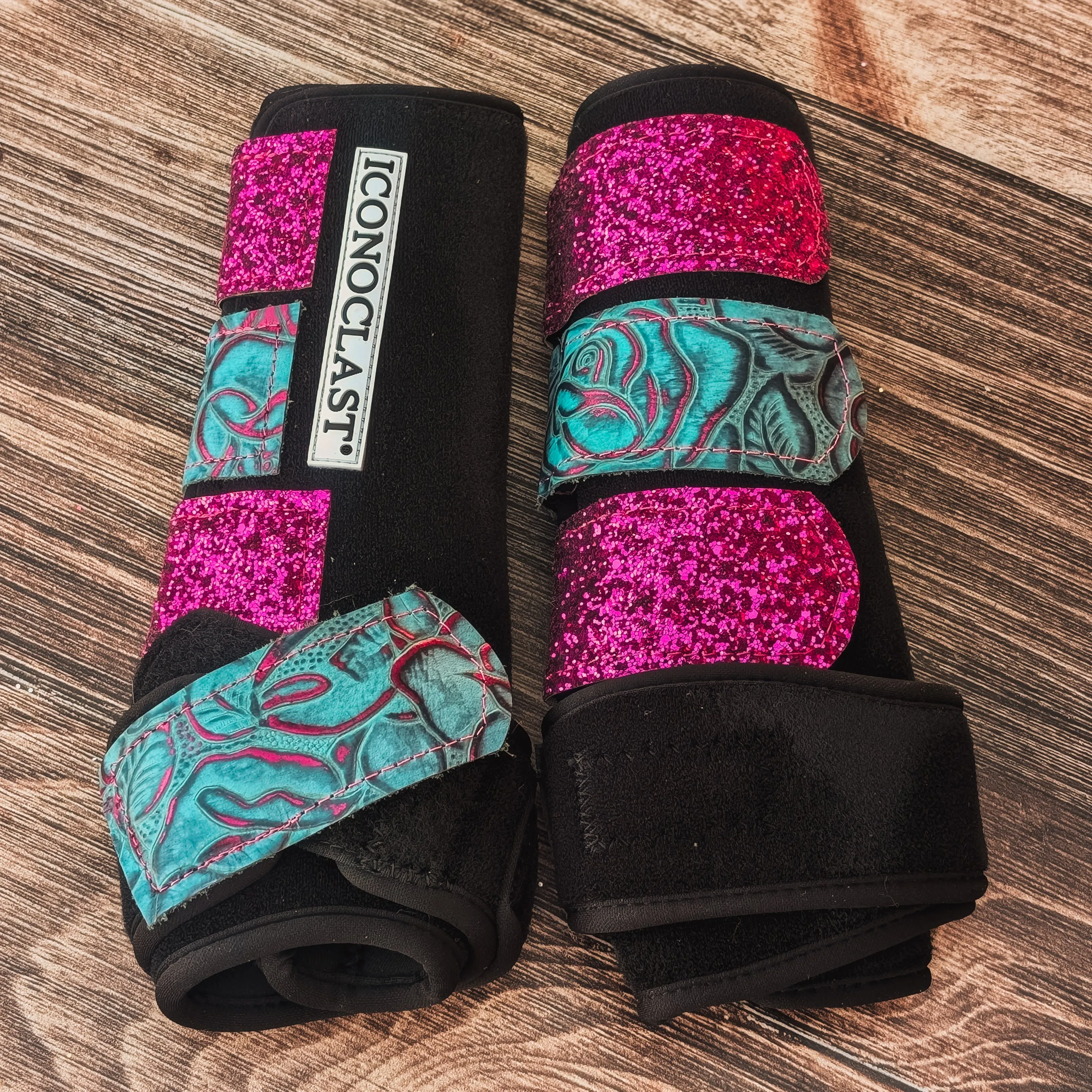 Medium Black Iconoclast Fronts w/ Turquoise Rose Leather and Berry Glitter Straps