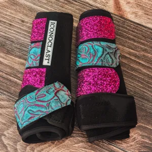 Medium Black Iconoclast Fronts w/ Turquoise Rose Leather and Berry Glitter Straps
