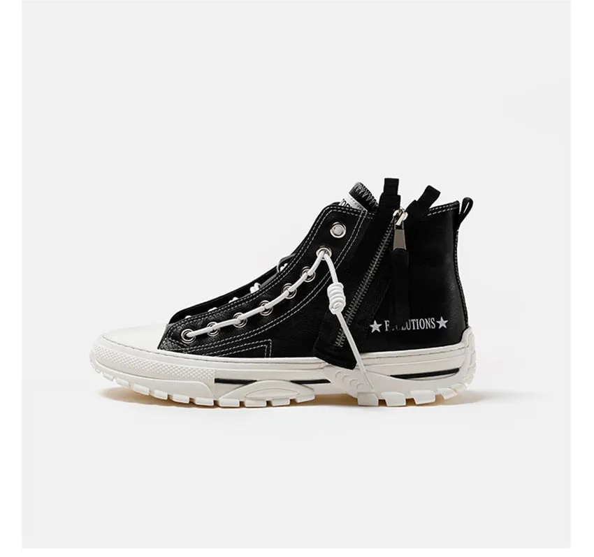 Men Shoes Casual  Black Platform Vulcanized Shoes Thick Sole Creeper Dad Shoes Genuine Leather Sneakers Men
