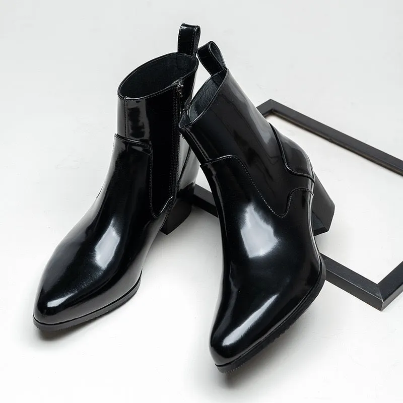 Men's high heels pointed toe suede warm work ankle boots