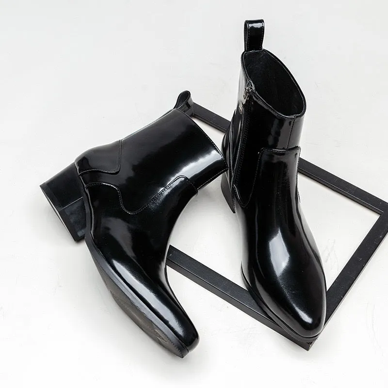 Men's high heels pointed toe suede warm work ankle boots