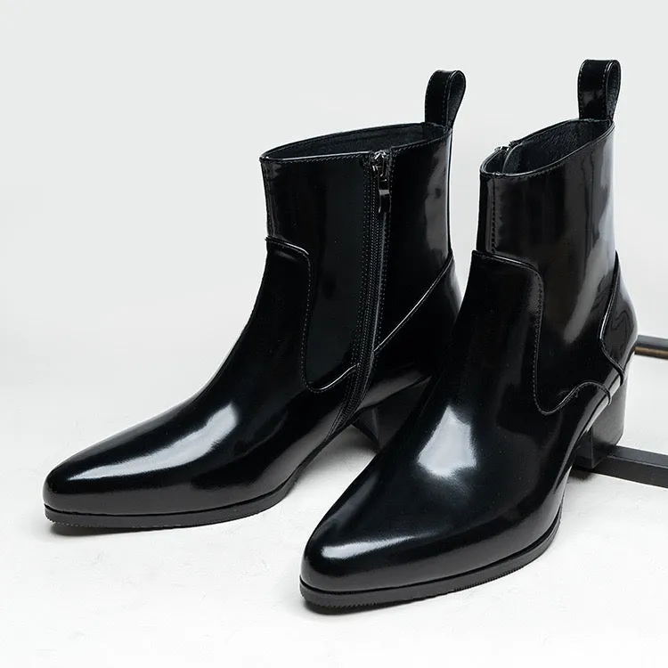 Men's high heels pointed toe suede warm work ankle boots