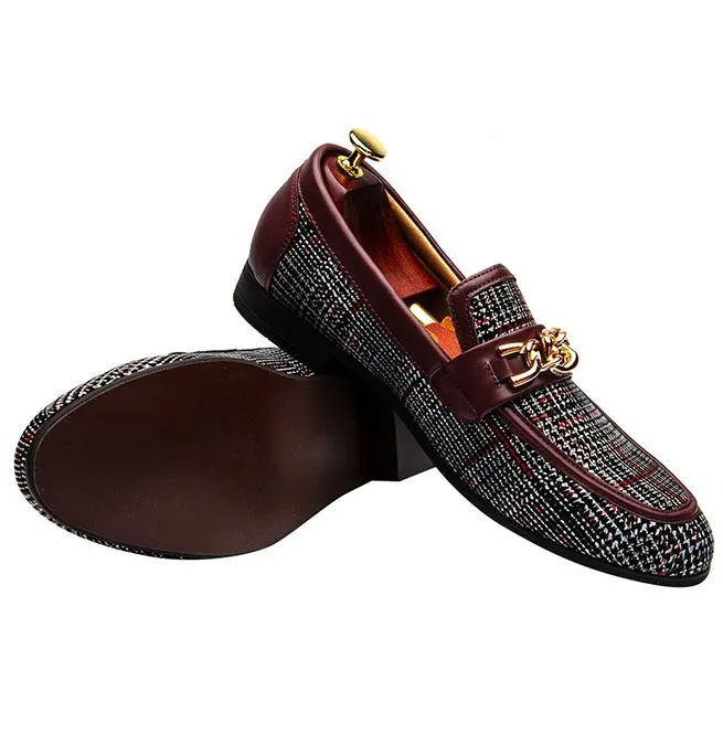 Men's Plaid Pinch Metal Chain Loafers – Casual Leather Shoes